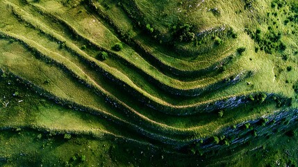 Aerial view of layered landscape with stone walls, showing natural formations