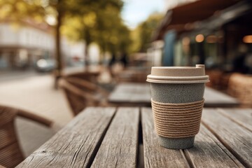 A coffee cup sits on a wooden table at an outdoor cafe. Trees line the street, and people walk by on a sunny day, enjoying their time outside Generative AI