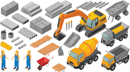 Isometric construction site vector set with excavator, concrete mixer, dump trucks, builders, building materials, pipes, bricks, and tools on white background.