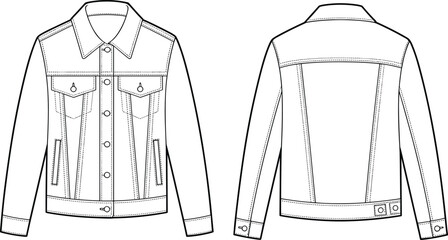 Technical Fashion Flat Sketch of a Classic Denim Trucker Jacket Featuring Front and Back Views for Design Tech Pack and Manufacturing,