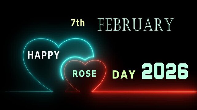 7th February Happy Rose Day 2026 neon sign animation with glowing heart icons on dark background for romantic Valentine celebration.
