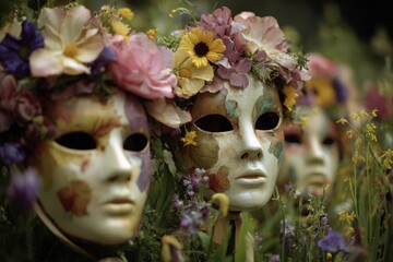 Colorful masks decorated with flowers are placed in a field filled with blooming plants. The scene captures the essence of spring and nature's beauty Generative AI