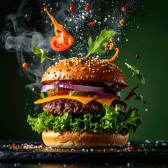 Delectable burger with toppings and spices floating around it