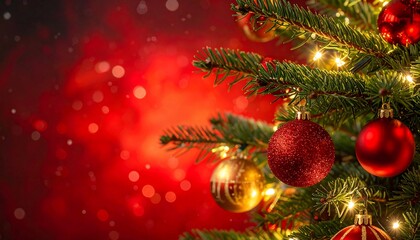 Festive close-up of a decorated evergreen tree with glowing lights and vibrant red ornaments