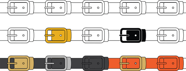 Vector set of belt buckle icons in various colors like gold, black, and orange for fashion design, apparel mockups, and accessories.