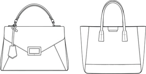 Luxury women handbag cad drawing flat vector illustration, elegant tote and shoulder bag outline design, fashion accessory technical line artvv