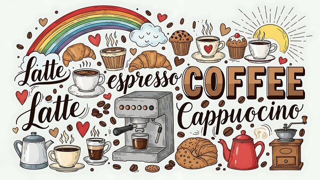 Coffee lovers paradise with rainbow and coffee cups - Powered by Adobe