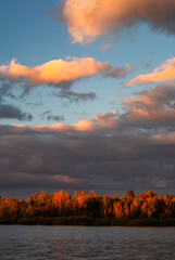 Moody lake landscape with orange foliage and towering evening cloudscape