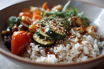A rice bowl is filled with various vegetables like zucchini, carrots, and broccoli, topped with sesame seeds. This meal is served on a flat surface Generative AI