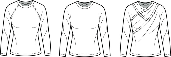 Women's Long Sleeve Top Technical Vector Flat Sketch Set, Crew Neck Raglan and Surplice Wrap Shirt Design Templates for Apparel,