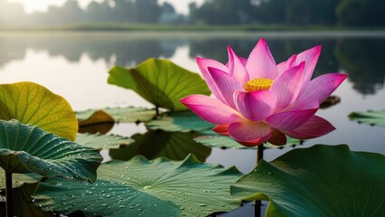 Pink lotus flower blooming on water with green lily pads and sunlight