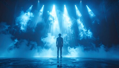 Silhouette of a person stands under dramatic stage lights, amid swirling blue smoke