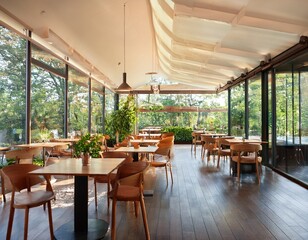 Fototapeta premium large spacious empty cafe or restaurant with huge windows overlooking the garden