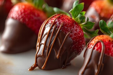 Strawberries are dipped in chocolate and arranged on a plate. This popular dessert is perfect for parties, gatherings, or as a special treat to enjoy Generative AI