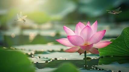 Pink lotus flower blooming with dragonflies on tranquil water surface