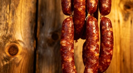 Fototapeta premium Rustic Cured Sausages Hanging on Wood