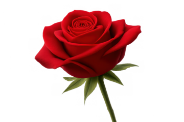 Red rose bloom on stem, symbolizing passionate love, romance, and beauty, isolated on transparent background