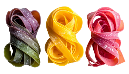 Three vibrant bundles of colorful, ribbon-shaped pasta