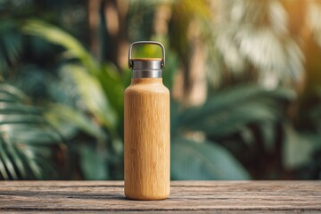 A water bottle sits on a wooden desk outdoors. Lush green plants surround the area. Sunlight filters through the leaves above, creating a bright space Generative AI