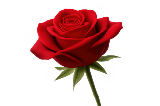 Red rose bloom on stem, symbolizing passionate love, romance, and beauty, isolated on transparent background - Powered by Adobe