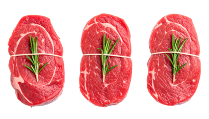 Three fresh, raw meat cuts, bound with twine, garnished with rosemary