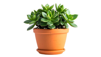 Fototapeta premium A vibrant green succulent plant thrives in a simple terra-cotta pot with its saucer