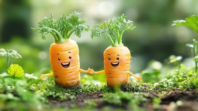 Funny cute carrots cartoon dancing in field