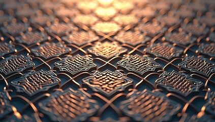 Exquisite 3d visualization of a premium islamic geometric pattern in metallic bronze and deep blue with hdr lighting