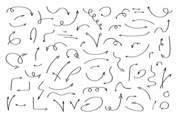 A large set of hand-drawn arrows in black marker, isolated on white, vector. A sketch with a line of simple different navigation signs, direction indicators in the doodle style. Curved movement symbol