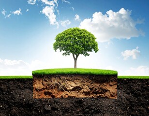 Isolated tree on a grassy mound, revealing roots in the soil