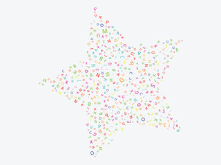 A five-pointed star shape is formed against a plain white background. The star itself is composed of countless small, colorful characters, including letters and numbers. These characters are rendered 