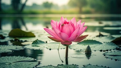 Pink water lily blooming amongst lily pads in tranquil pond sunlight