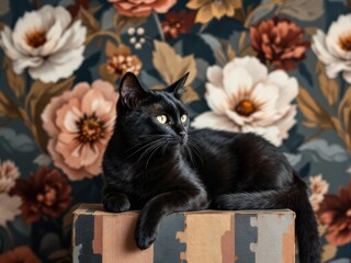 Photo of a black cat on a bright floral background