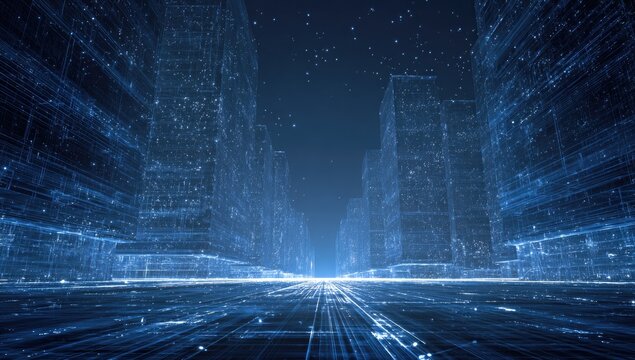 Abstract blue digital cityscape illustration with glowing lines and data points, perspective view - Powered by Adobe