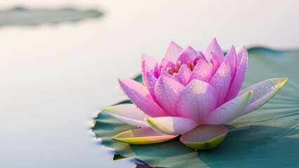 Pink water lily blooming on water surface in soft sunlight
