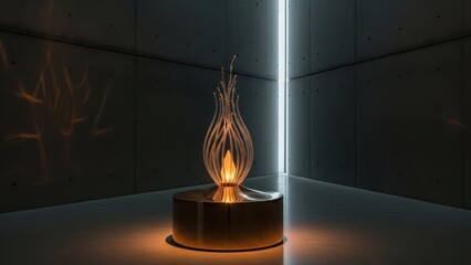 Modern abstract light sculpture glowing in a minimalist concrete room. Contemporary art installation with warm illumination and cool vertical light. Architectural design concept
