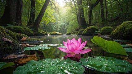 Pink water lily floating on calm water amidst lush forest environment
