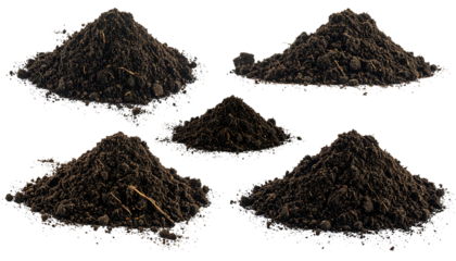 Five piles of dark, rich soil against a transparent background, perfect for gardening