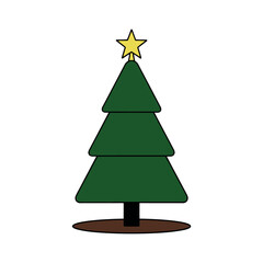 Obraz premium Minimalist flat vector illustration of a green Christmas tree with a yellow star topper on a white background.