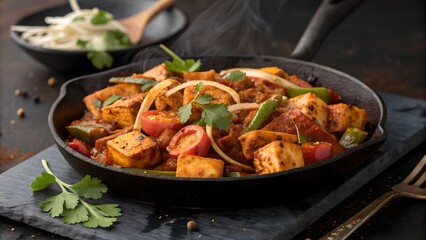 Fototapeta premium Spicy Tawa Paneer Indian Street Food on Cast Iron | Authentic Paneer Masala Photography
