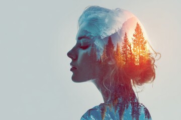 This artwork features a woman in profile combined with a forest scene at sunset. The double exposure creates a unique blend of nature and a human figure Generative AI