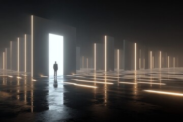 A person stands alone in a glowing labyrinth filled with light. The environment shows tall structures and paths that lead to unknown spaces. The scene occurs at dusk Generative AI