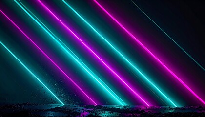 Diagonal neon lines in cyan and magenta illuminate a dark, textured surface