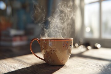 A warm coffee cup releases steam as it rests on a wooden table. Sunlight streams through the window, creating a bright atmosphere in the cozy room Generative AI