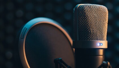 Modern microphone with LED indicator glowing softly in a dark studio setting, creating a sleek tech-focused look ideal for podcast, streaming, and professional audio concepts.