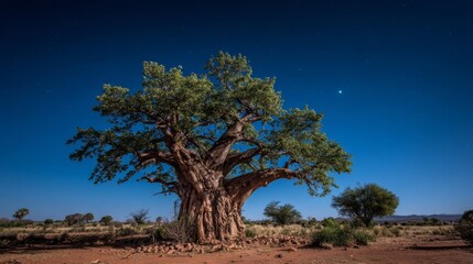 Obraz premium A massive, ancient baobab tree stands majestically under a clear blue African sky with a weathered, gnarled trunk and spreading branches.