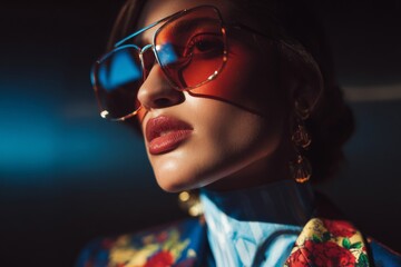 A model poses in a studio with bold lighting. She wears colorful attire and large sunglasses. The focus is on her expression and outfit details, creating a vibrant atmosphere Generative AI