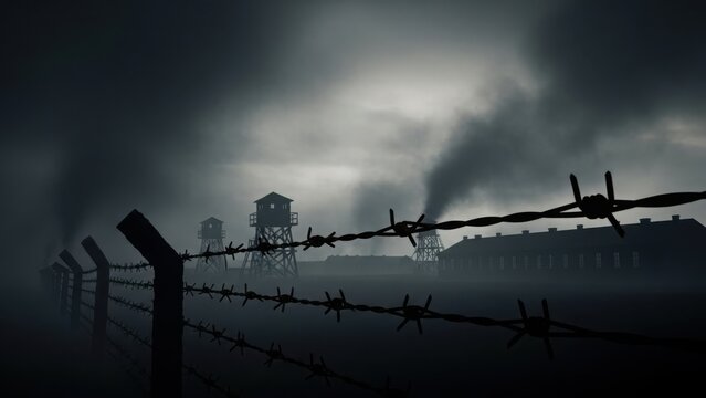Dark and foggy concentration camp scene with barbed wire fence. Watchtowers and barracks under a somber sky with smoke. Holocaust remembrance concept