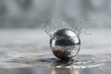 A sphere hits a smooth surface, creating a splash of water droplets around it. Light reflects off the sphere, adding detail to the scene. Water scatters around Generative AI