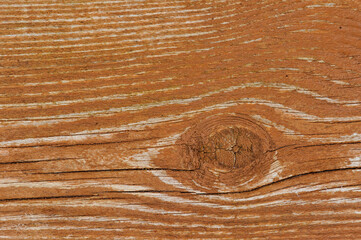 Natural wood surface displays unique grain patterns and knots. The light highlights the textures and colors of the wood in a straightforward manner.